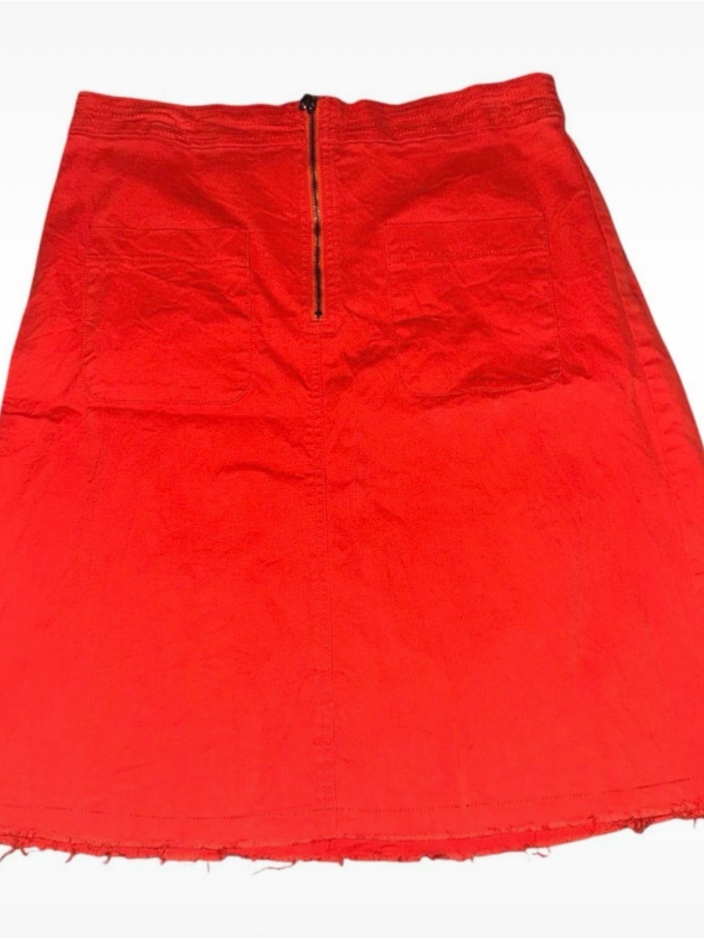 Roolee Dark Orange A-line Denim Midi Skirt with Front Zipper Frey Hem